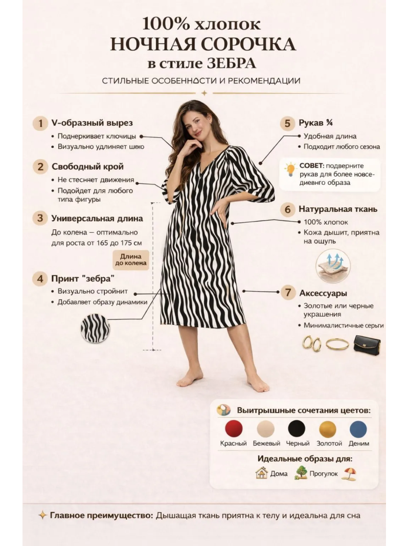 Ночная сорочка "Гармония" хлопковая — женская сорочка свободного кроя