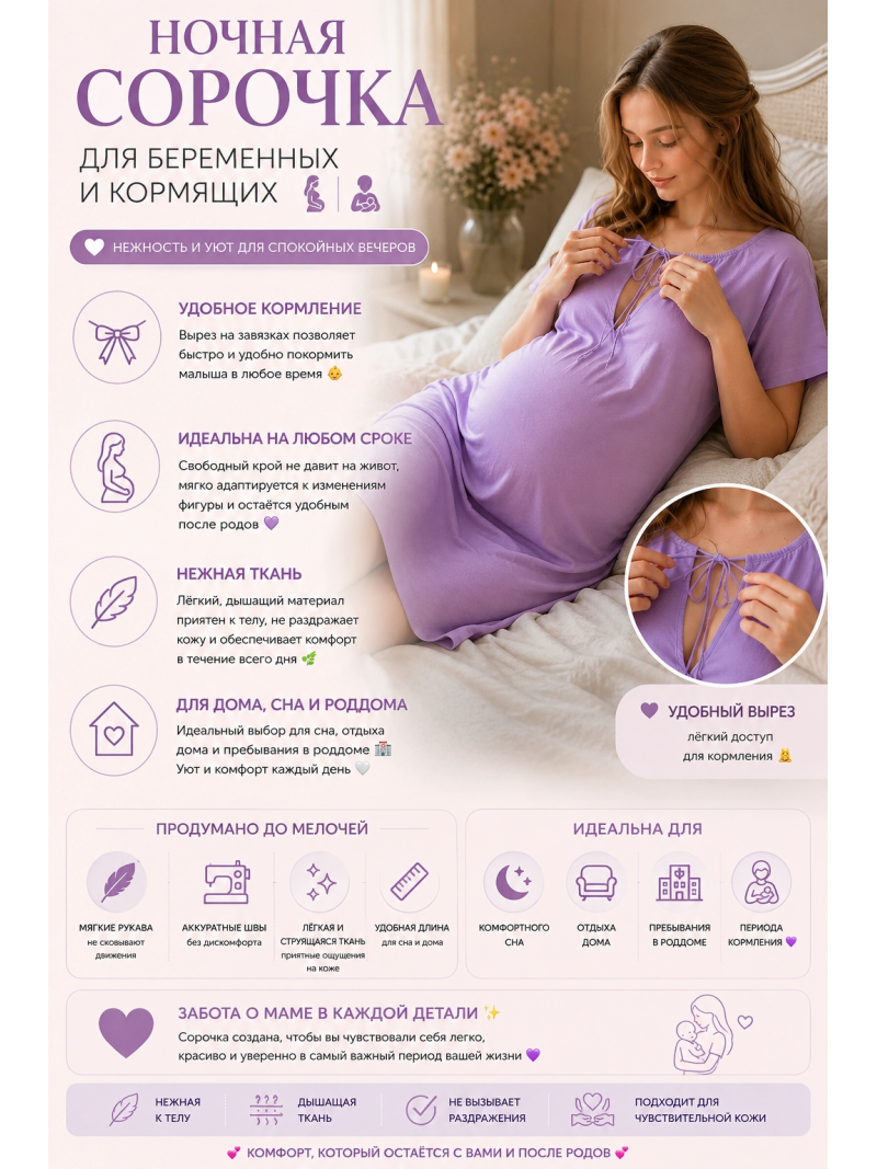 Сорочка для беременных "Сиреневый туман" — удобная сорочка для сна и кормления
